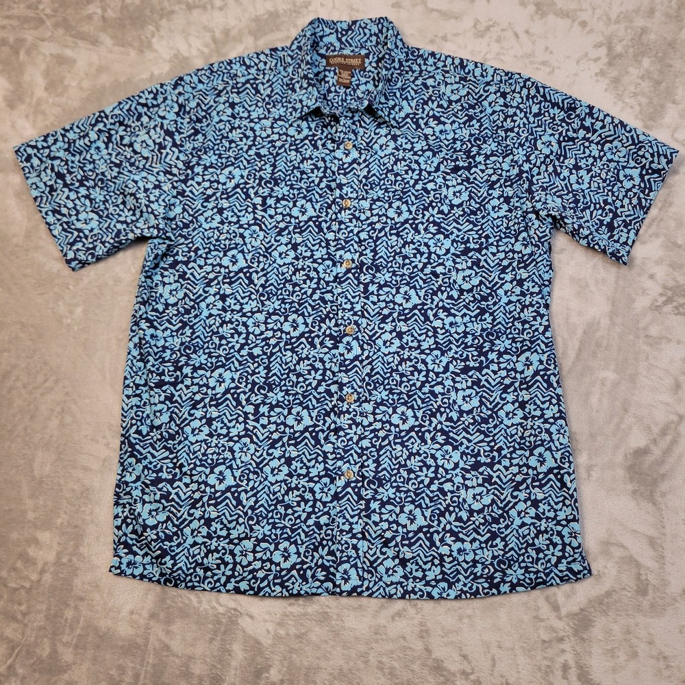 Cooke Street‎ Hawaiian Islands Floral Cotton Shirt Blue Short Sleeve Large